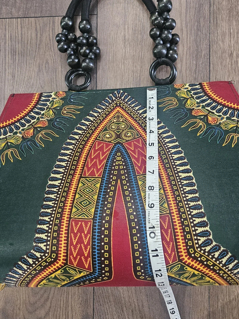 Unbranded Green & Red African Print Beaded Handle Tote